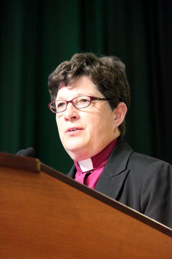 The Rev. Elizabeth A. Eaton, bishop of the Evangelical Lutheran Church in America (ELCA) Northeastern Ohio Synod, was elected Aug. 14 presiding bishop of the ELCA at the 2013 ELCA Churchwide Assembly. She was elected on the fifth ballot. There were 889 votes cast, and 445 votes were needed for an election. Eaton received 600 votes and the Rev. Mark S. Hanson, ELCA presiding bishop, received 287. Eaton is the ELCA's first woman presiding bishop-elect.